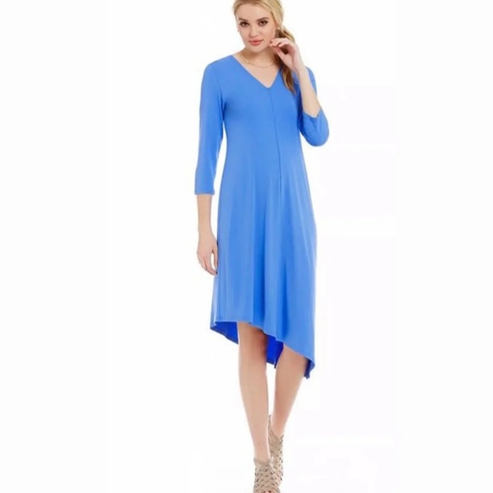 Eileen Fisher V Neck Blue 3/4 Sleeve Asymmetrical Dress